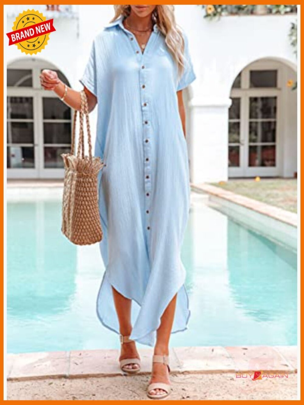 Casual Short Sleeve Side Split Button Down Long Kimono Cardigan Swimsuit Cover - Picture 2 of 7